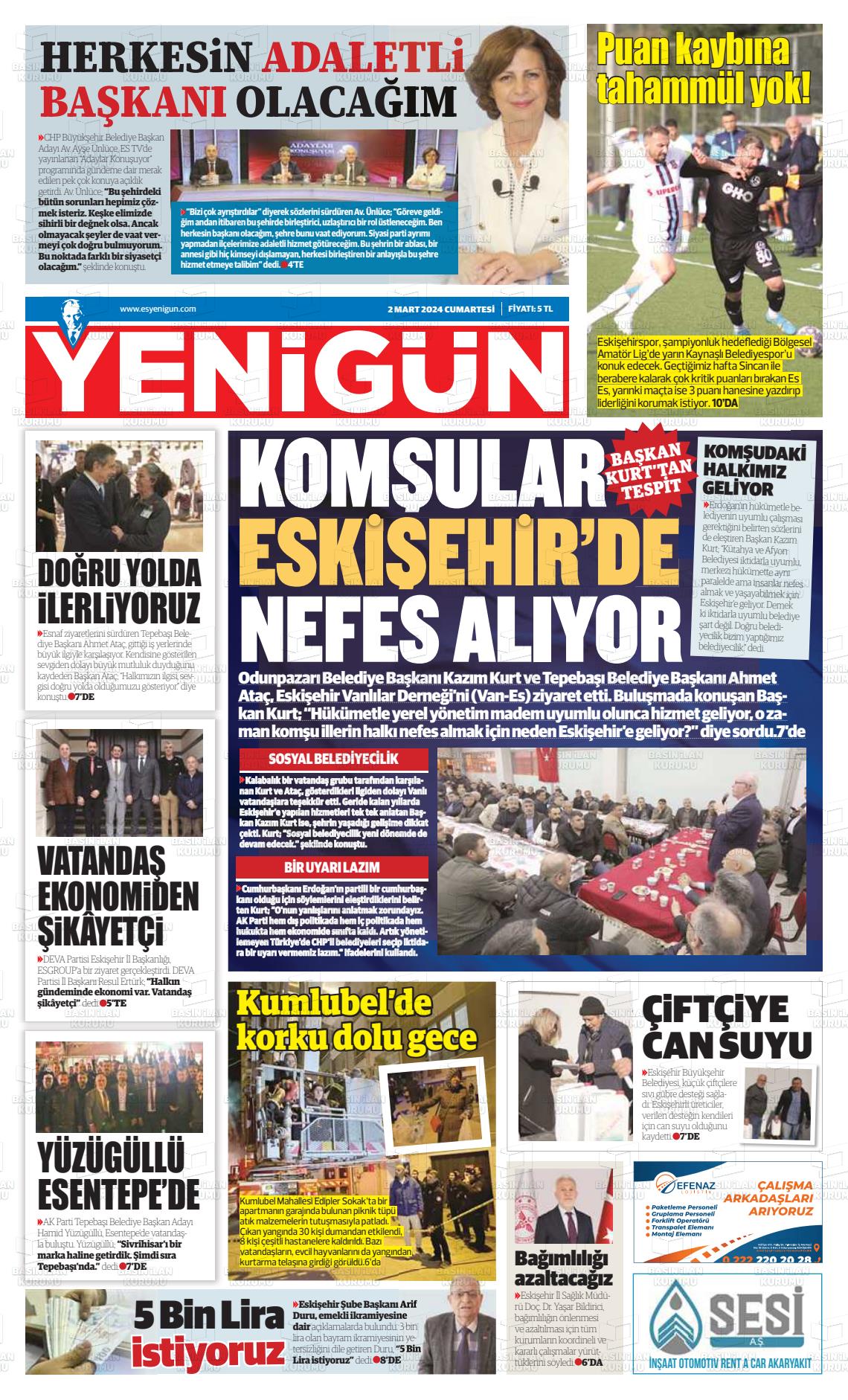 02 Mart 2024 Eskişehir Yeni Gün Gazete Manşeti