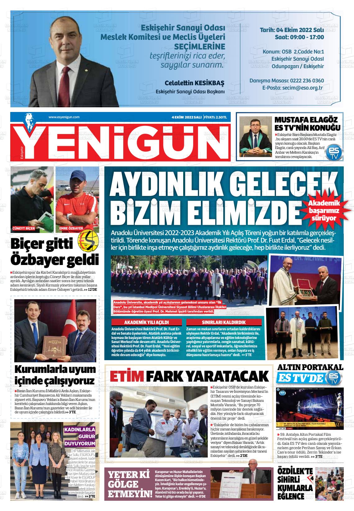 04 Ekim 2022 Eskişehir Yeni Gün Gazete Manşeti