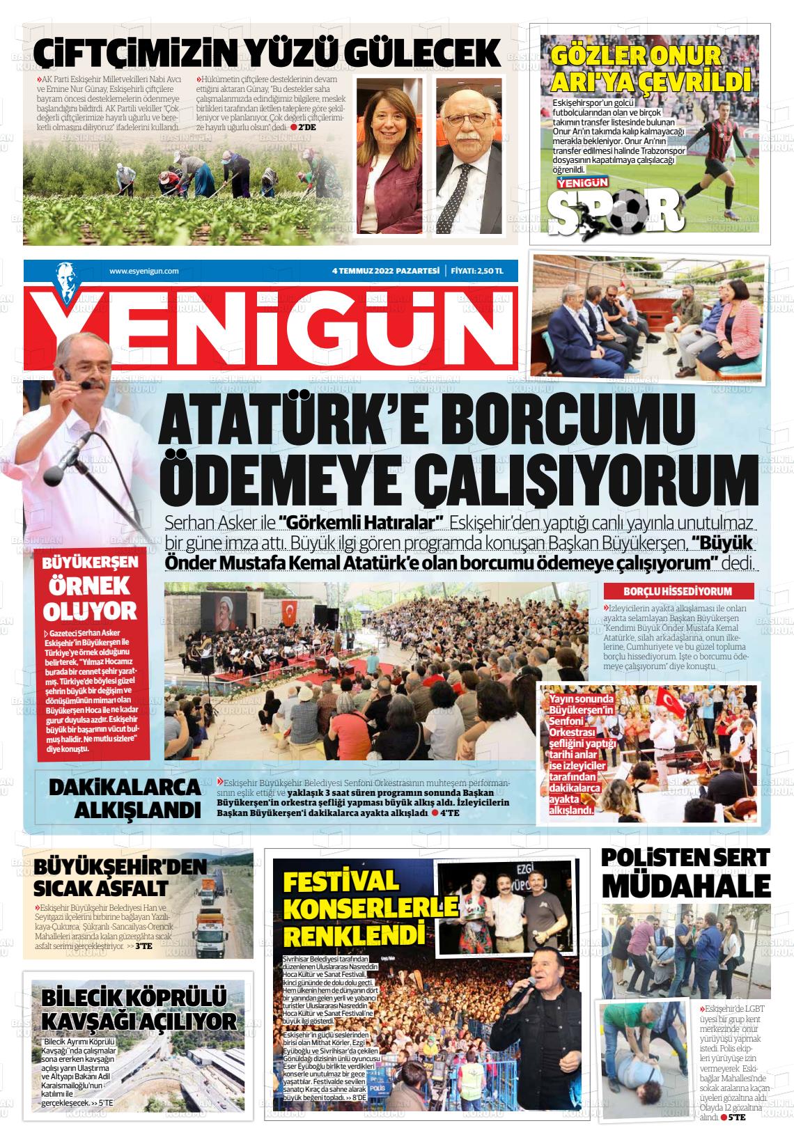 04 Temmuz 2022 Eskişehir Yeni Gün Gazete Manşeti
