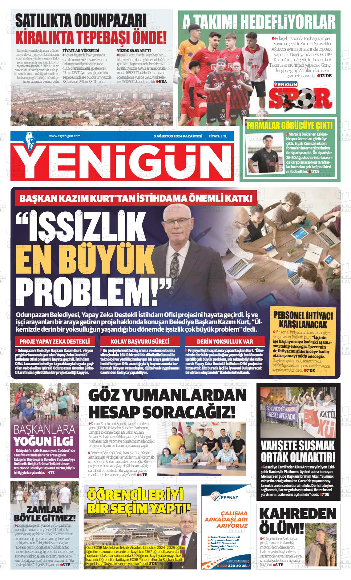 05 Ağustos 2024 Eskişehir Yeni Gün Gazete Manşeti