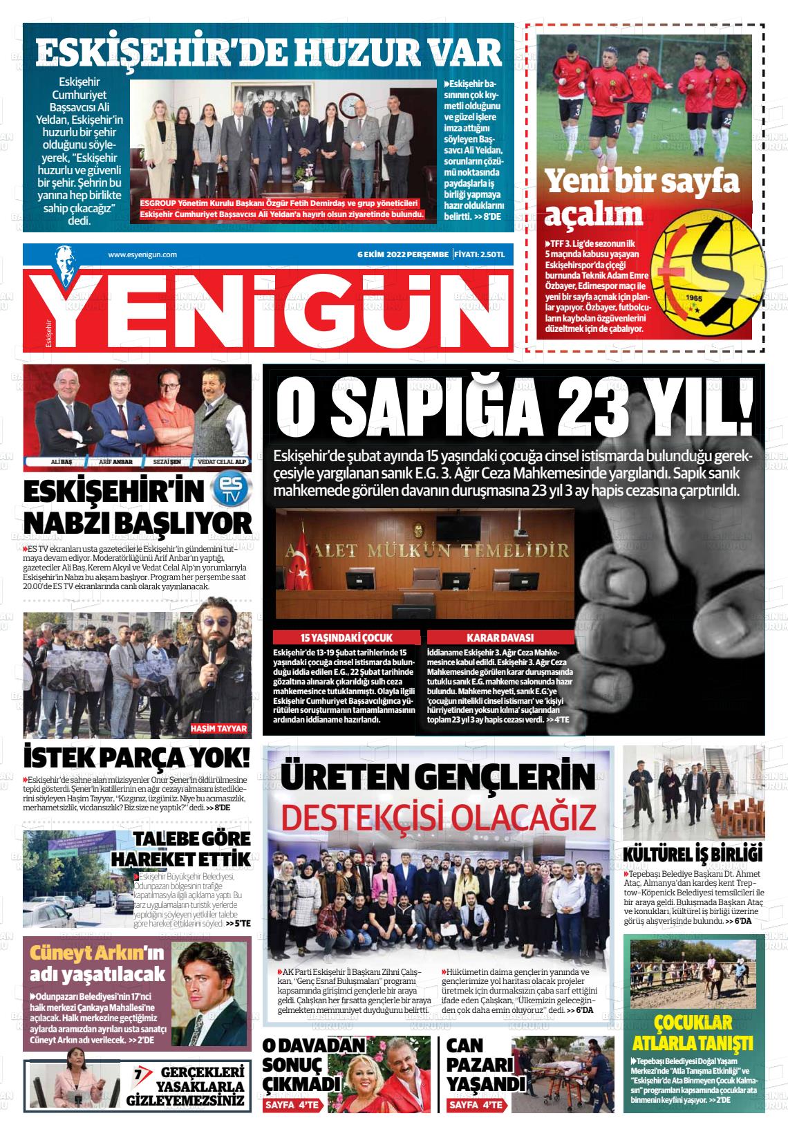 06 Ekim 2022 Eskişehir Yeni Gün Gazete Manşeti