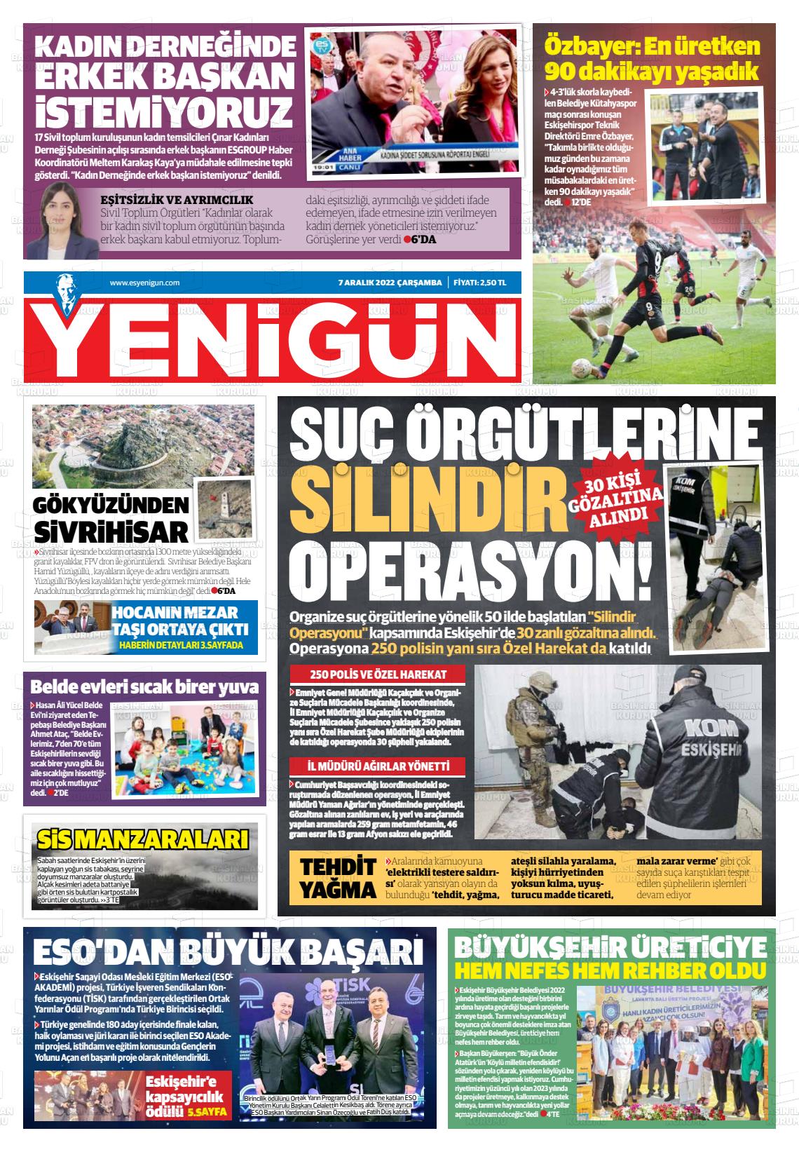 07 Aralık 2022 Eskişehir Yeni Gün Gazete Manşeti