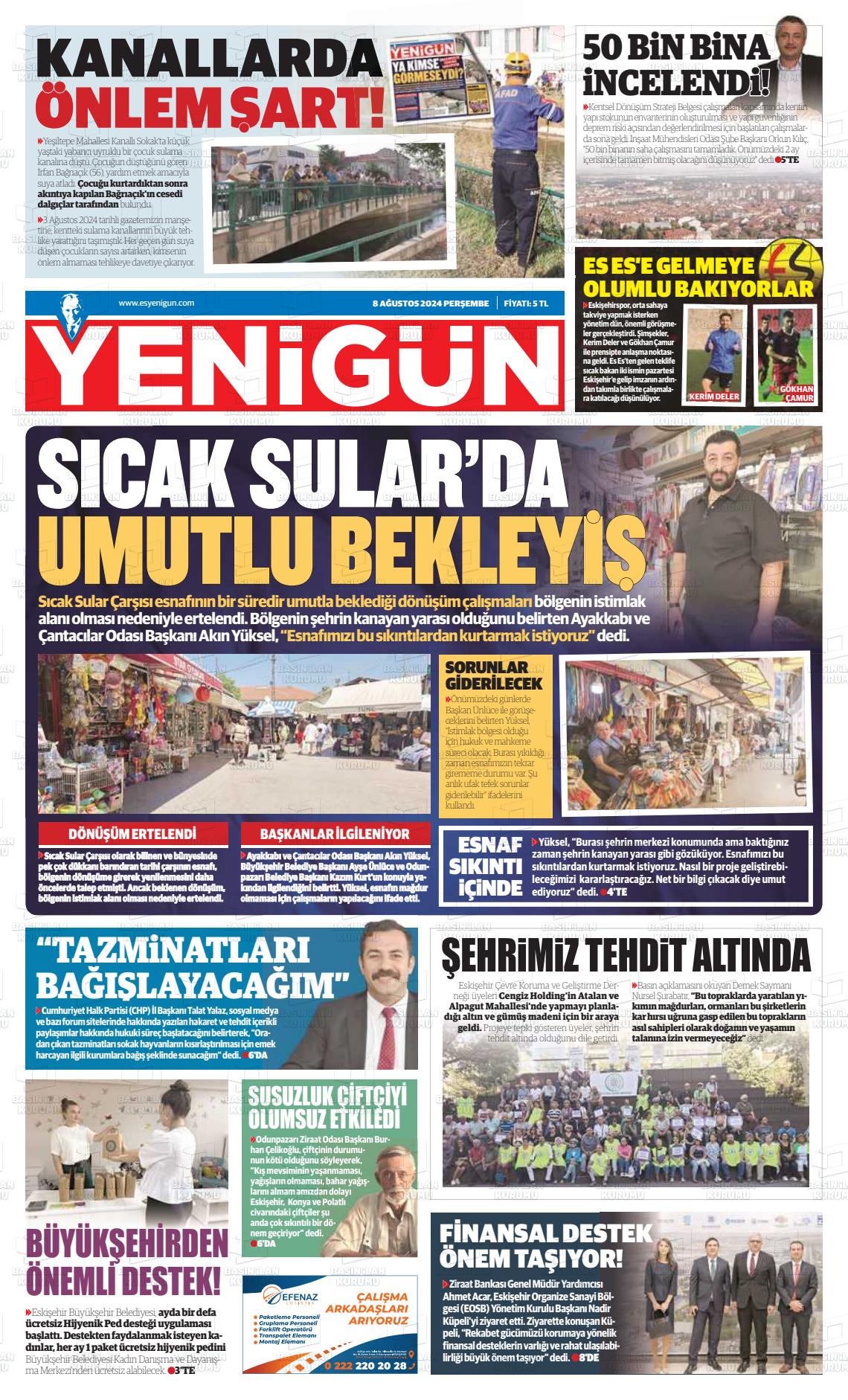 08 Ağustos 2024 Eskişehir Yeni Gün Gazete Manşeti