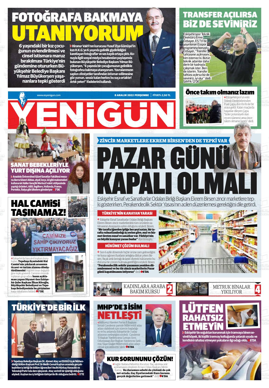08 Aralık 2022 Eskişehir Yeni Gün Gazete Manşeti