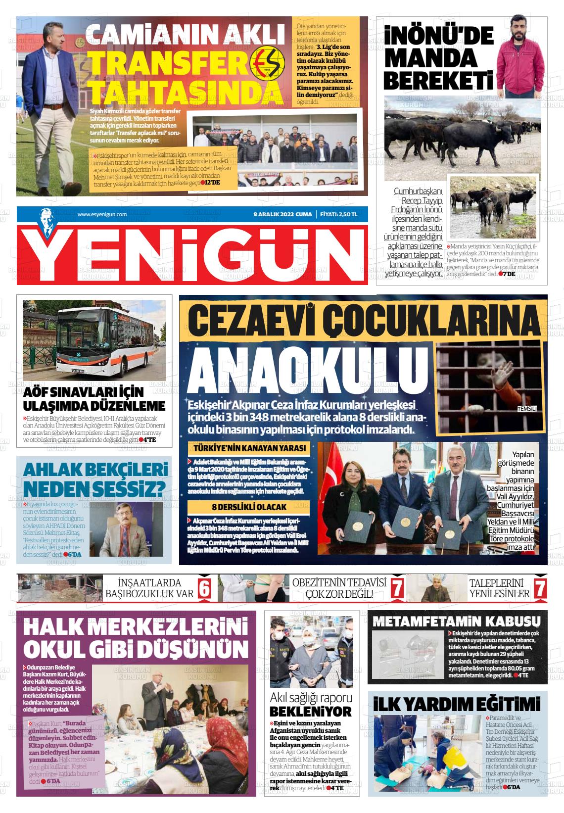 09 Aralık 2022 Eskişehir Yeni Gün Gazete Manşeti