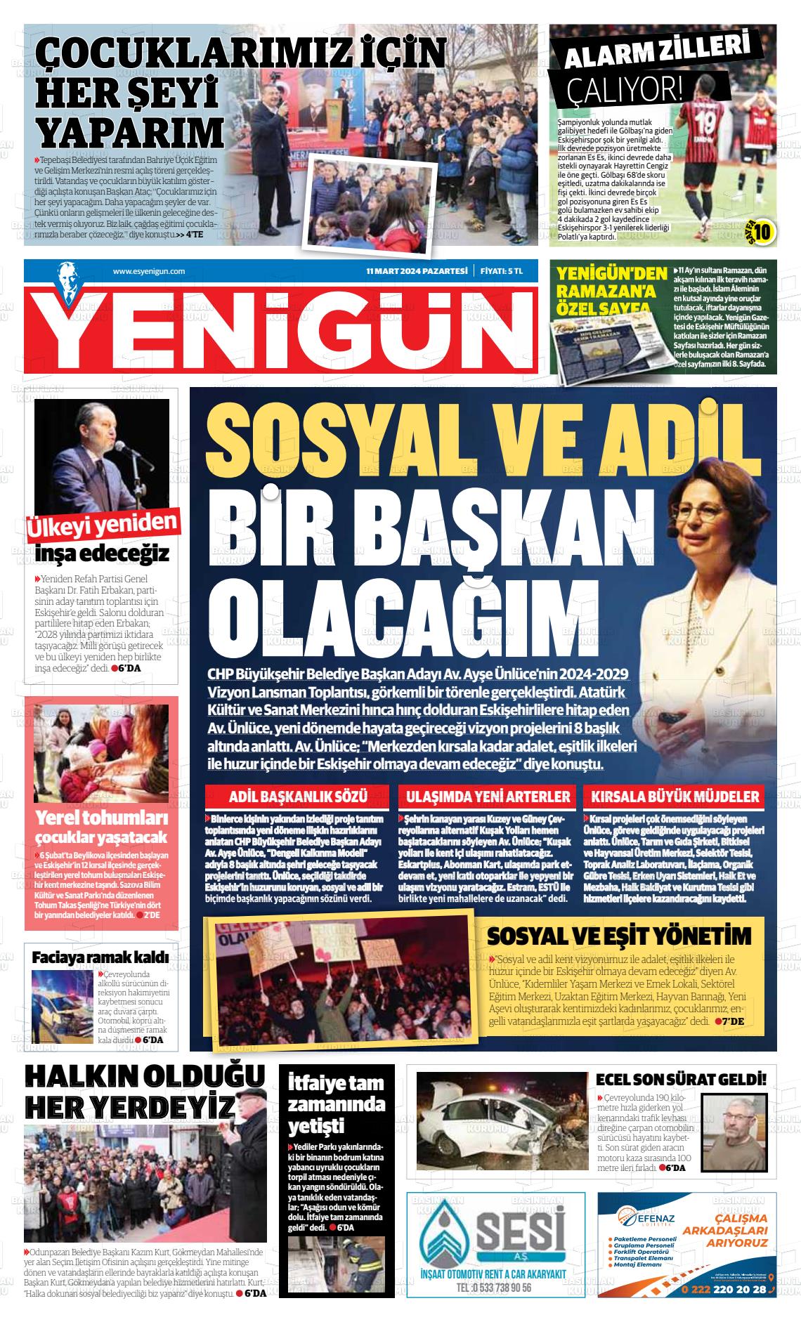 11 Mart 2024 Eskişehir Yeni Gün Gazete Manşeti