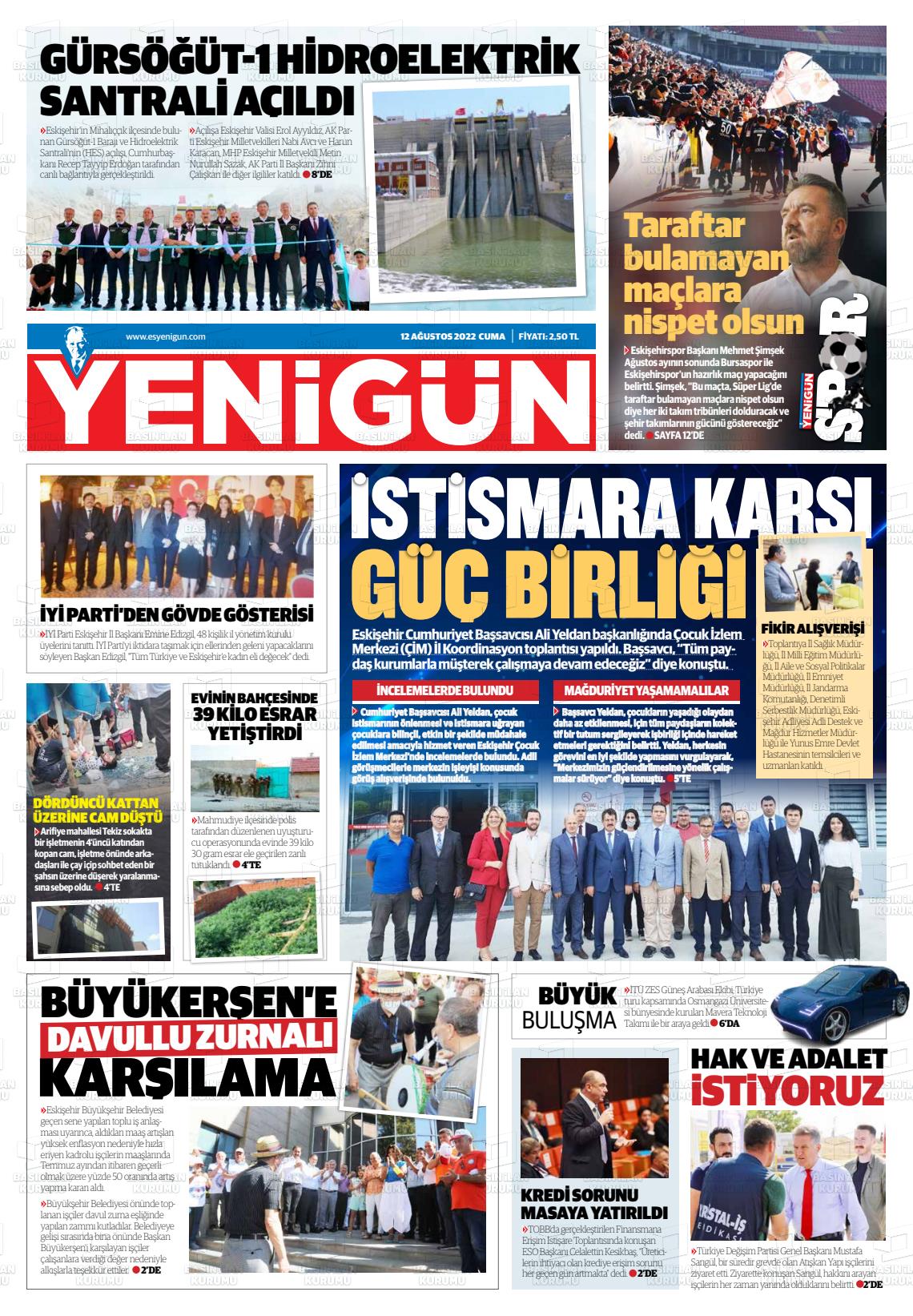 12 Ağustos 2022 Eskişehir Yeni Gün Gazete Manşeti