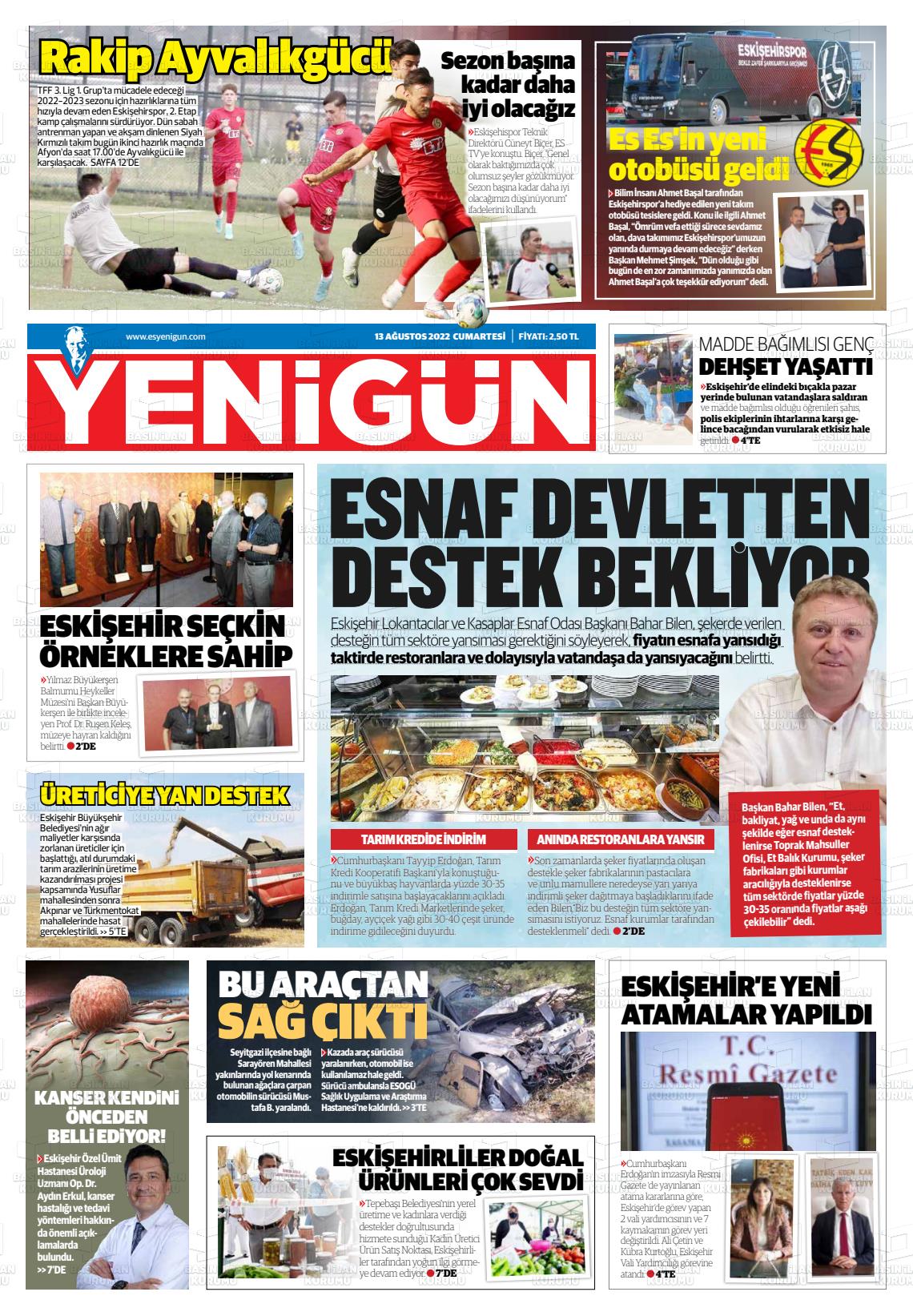 13 Ağustos 2022 Eskişehir Yeni Gün Gazete Manşeti