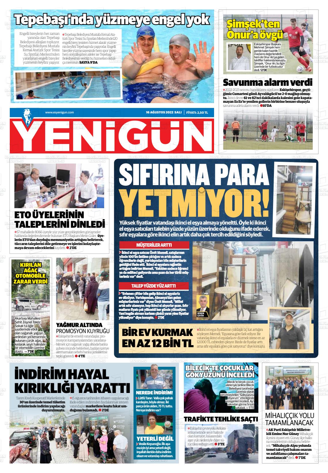 16 Ağustos 2022 Eskişehir Yeni Gün Gazete Manşeti