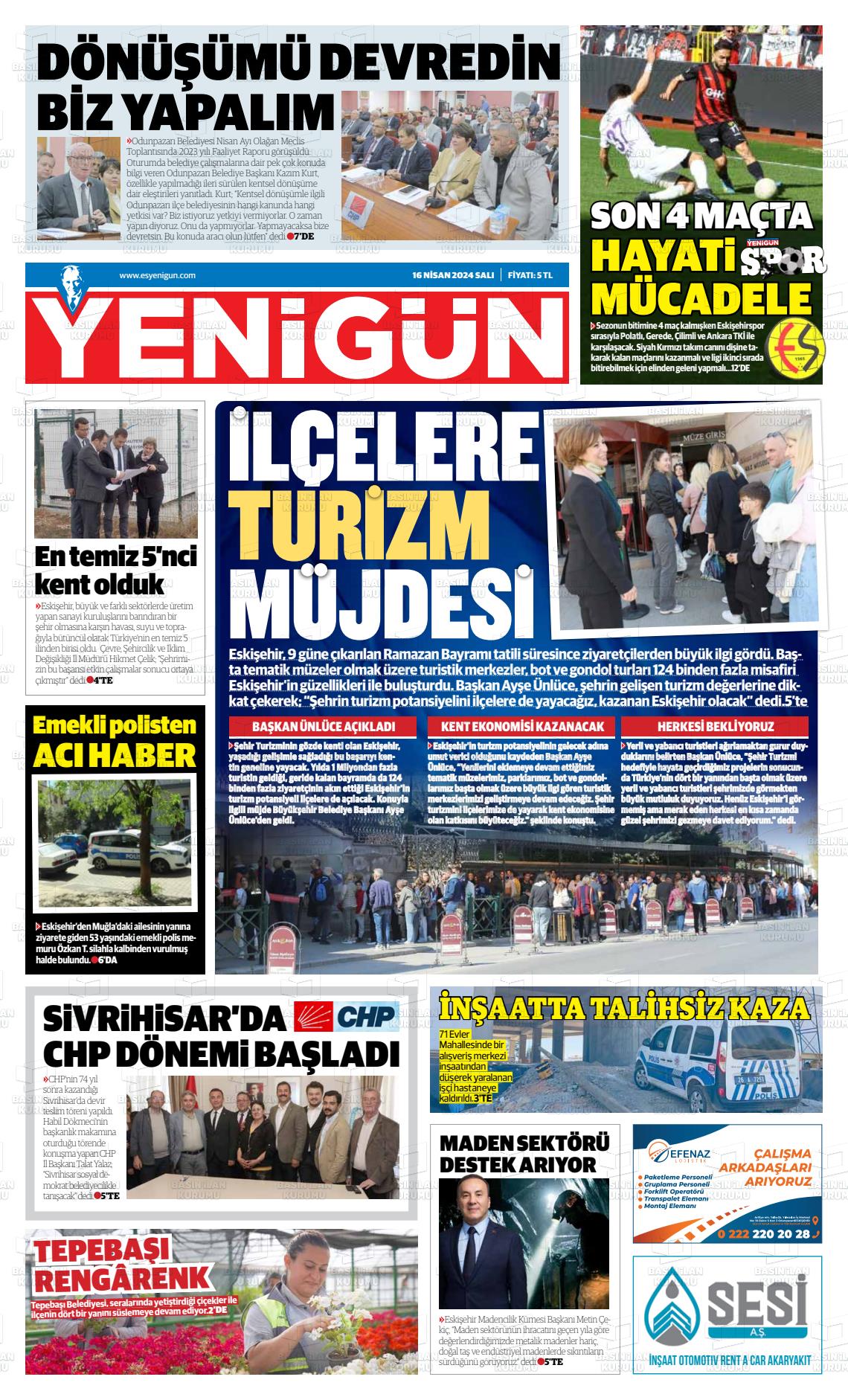 18 Nisan 2024 Eskişehir Yeni Gün Gazete Manşeti
