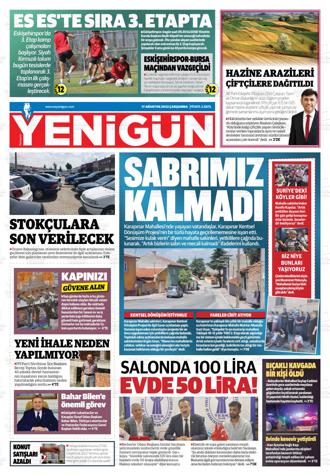 17 Ağustos 2022 Eskişehir Yeni Gün Gazete Manşeti