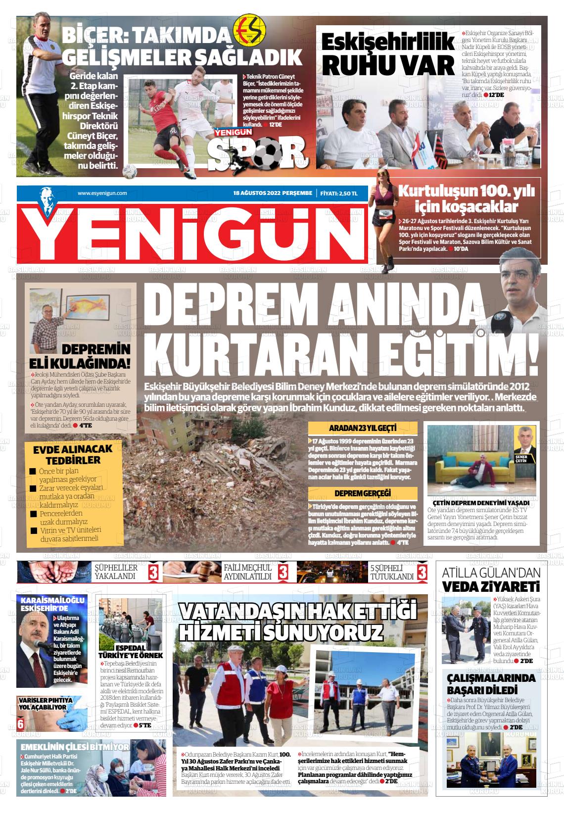 18 Ağustos 2022 Eskişehir Yeni Gün Gazete Manşeti