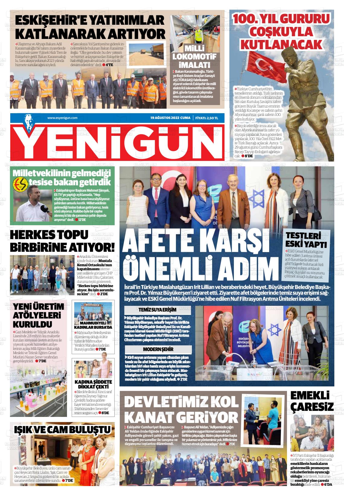 19 Ağustos 2022 Eskişehir Yeni Gün Gazete Manşeti