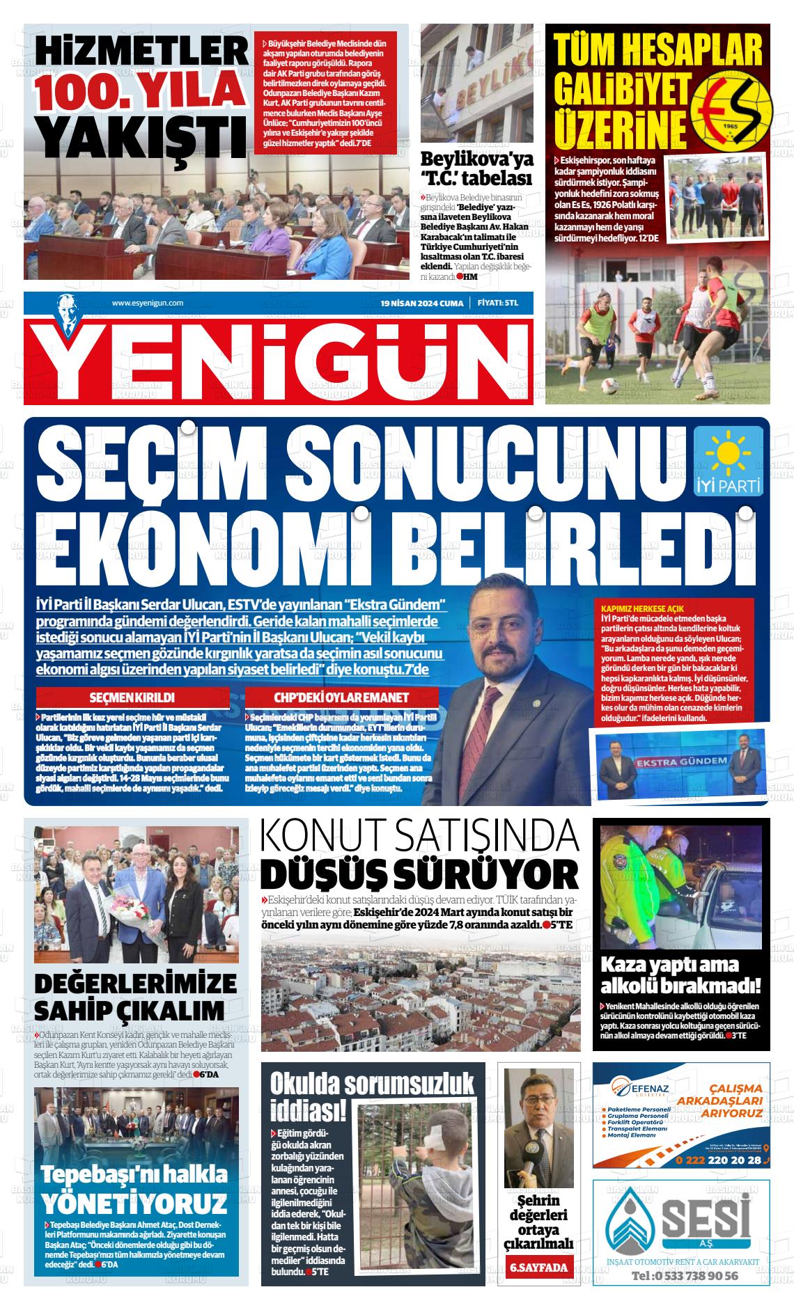 19 Nisan 2024 Eskişehir Yeni Gün Gazete Manşeti