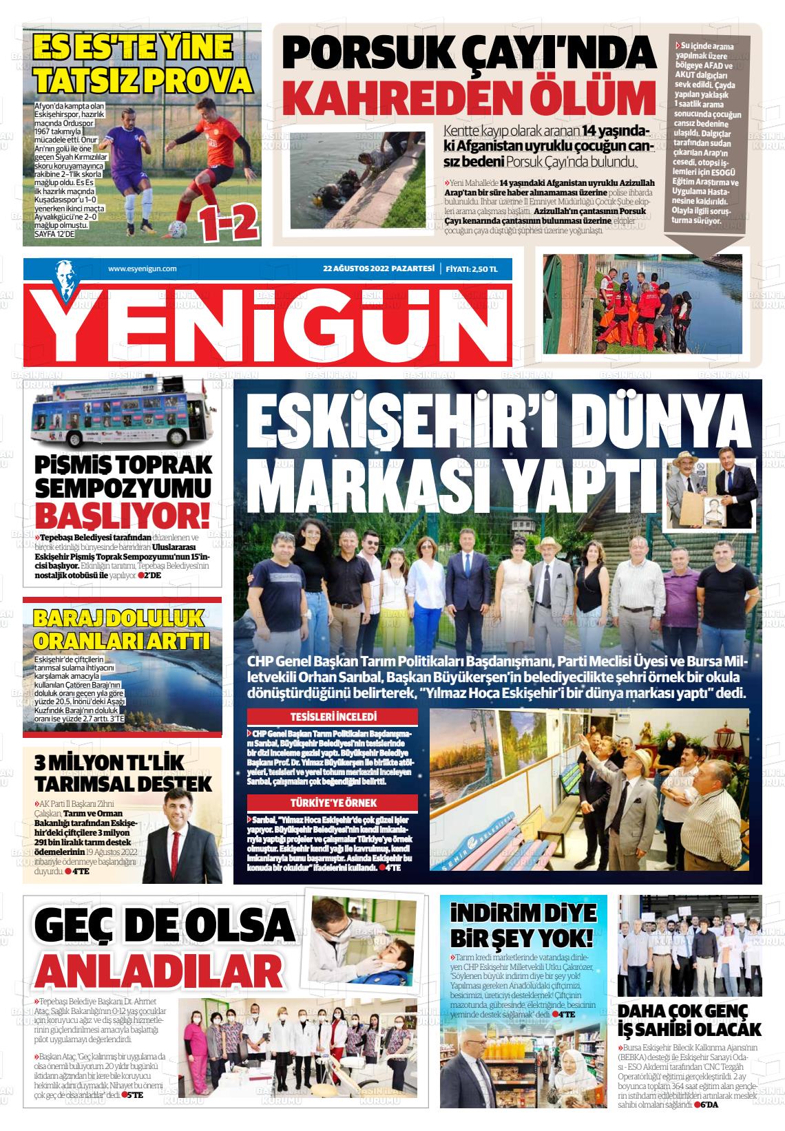 22 Ağustos 2022 Eskişehir Yeni Gün Gazete Manşeti