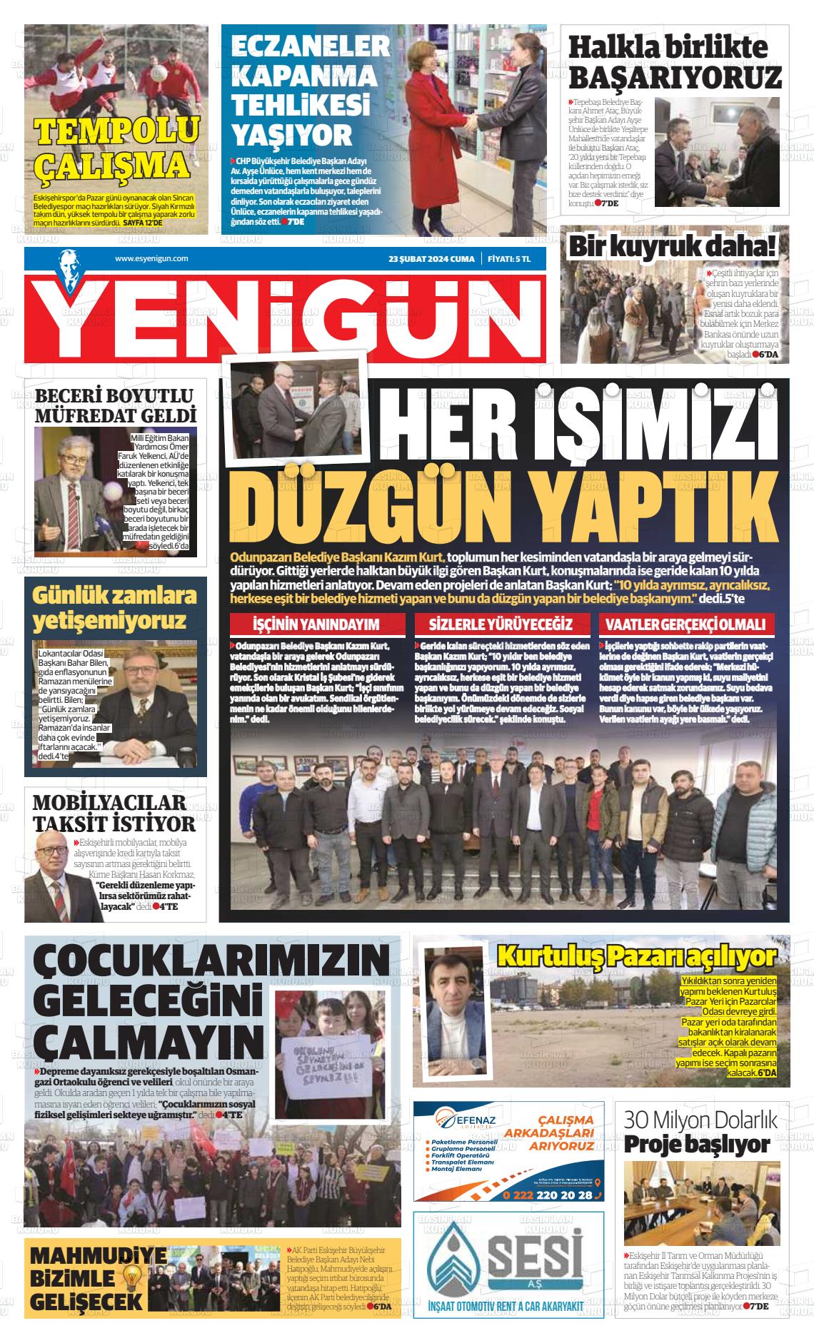 23 Şubat 2024 Eskişehir Yeni Gün Gazete Manşeti