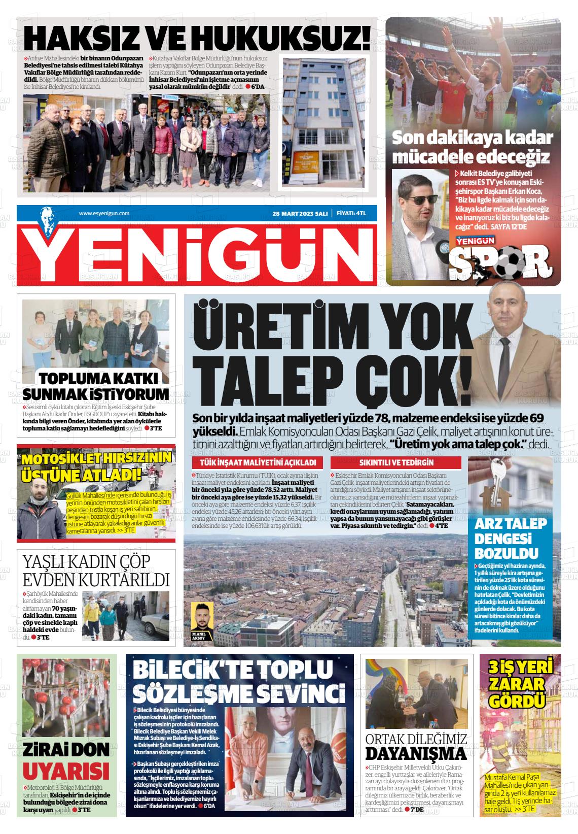 28 Mart 2023 Eskişehir Yeni Gün Gazete Manşeti
