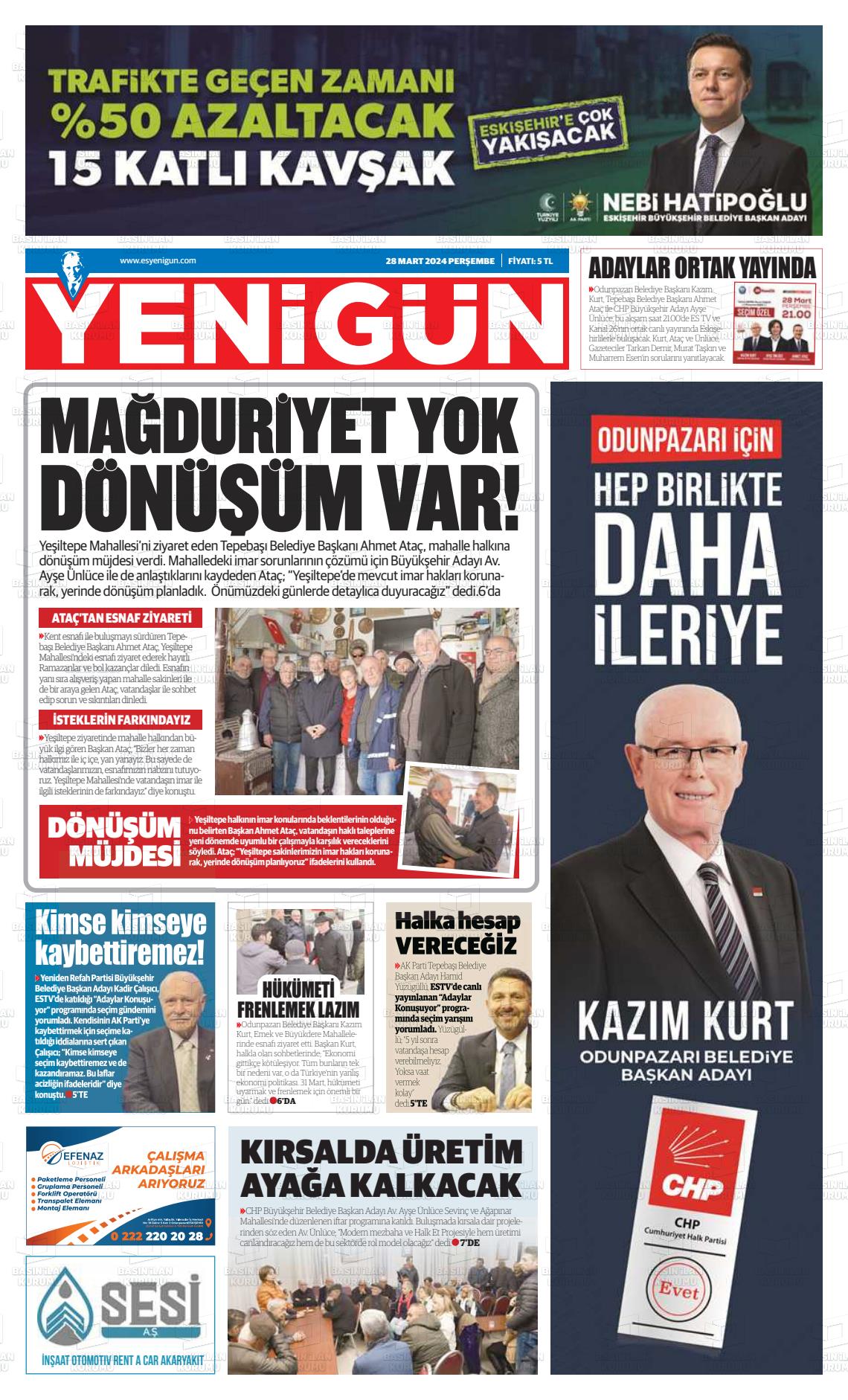 28 Mart 2024 Eskişehir Yeni Gün Gazete Manşeti