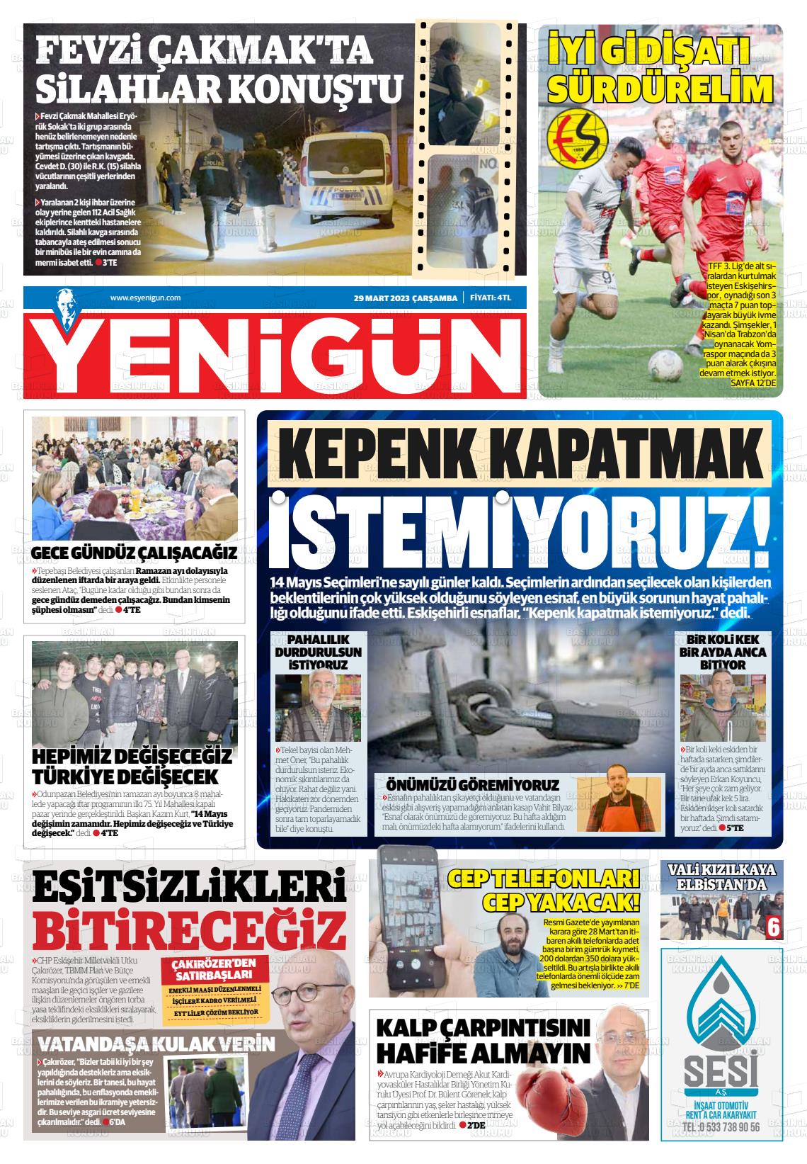 29 Mart 2023 Eskişehir Yeni Gün Gazete Manşeti