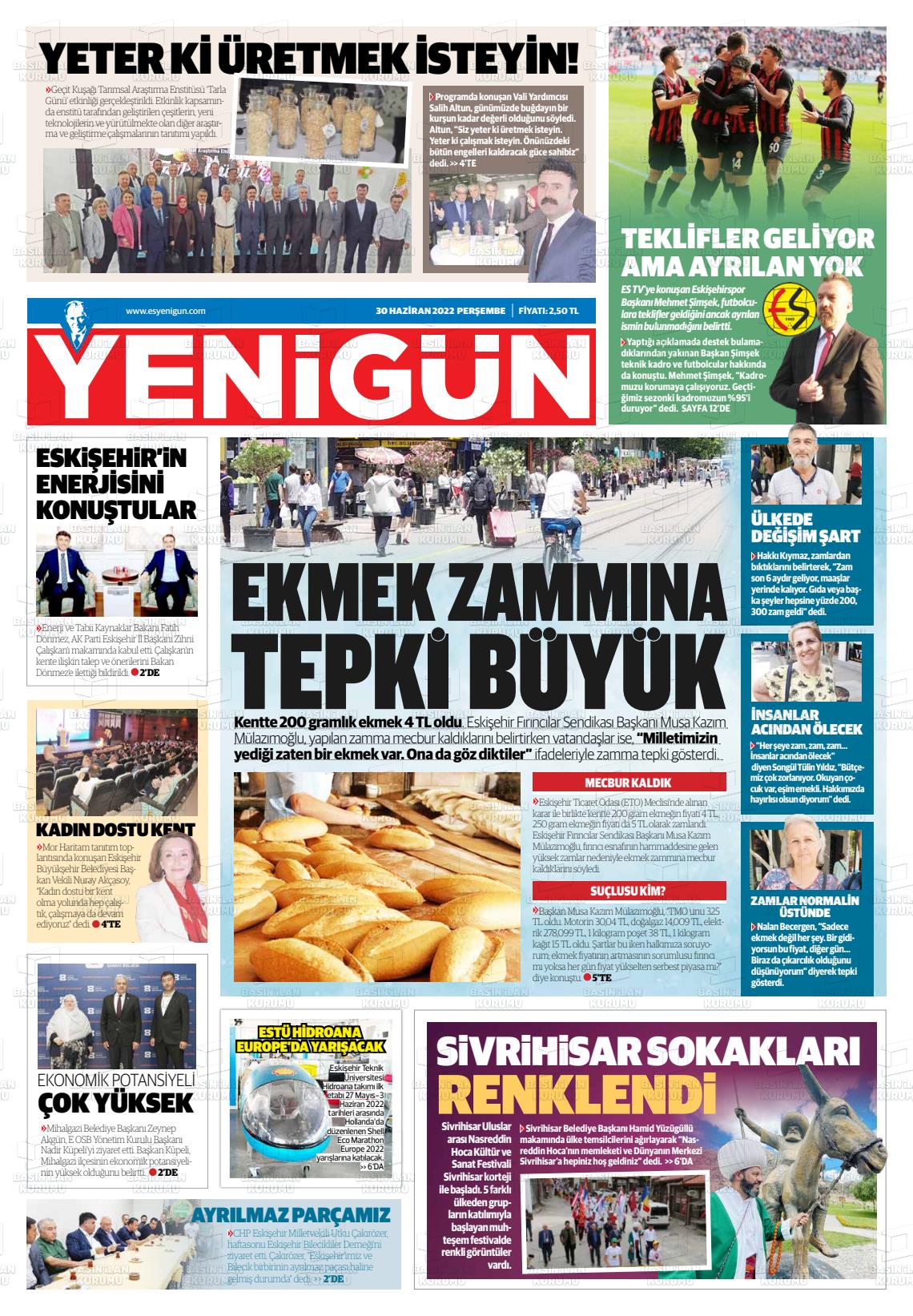 30 Haziran 2022 Eskişehir Yeni Gün Gazete Manşeti