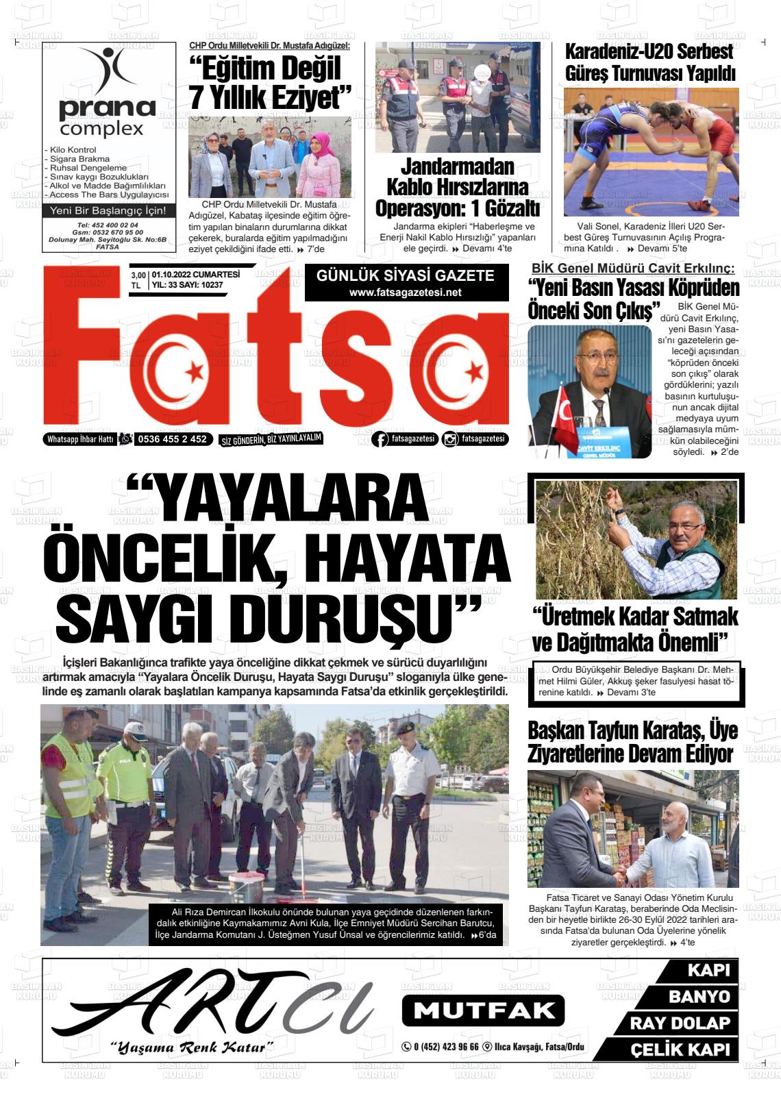 01 Ekim 2022 Fatsa Gazete Manşeti