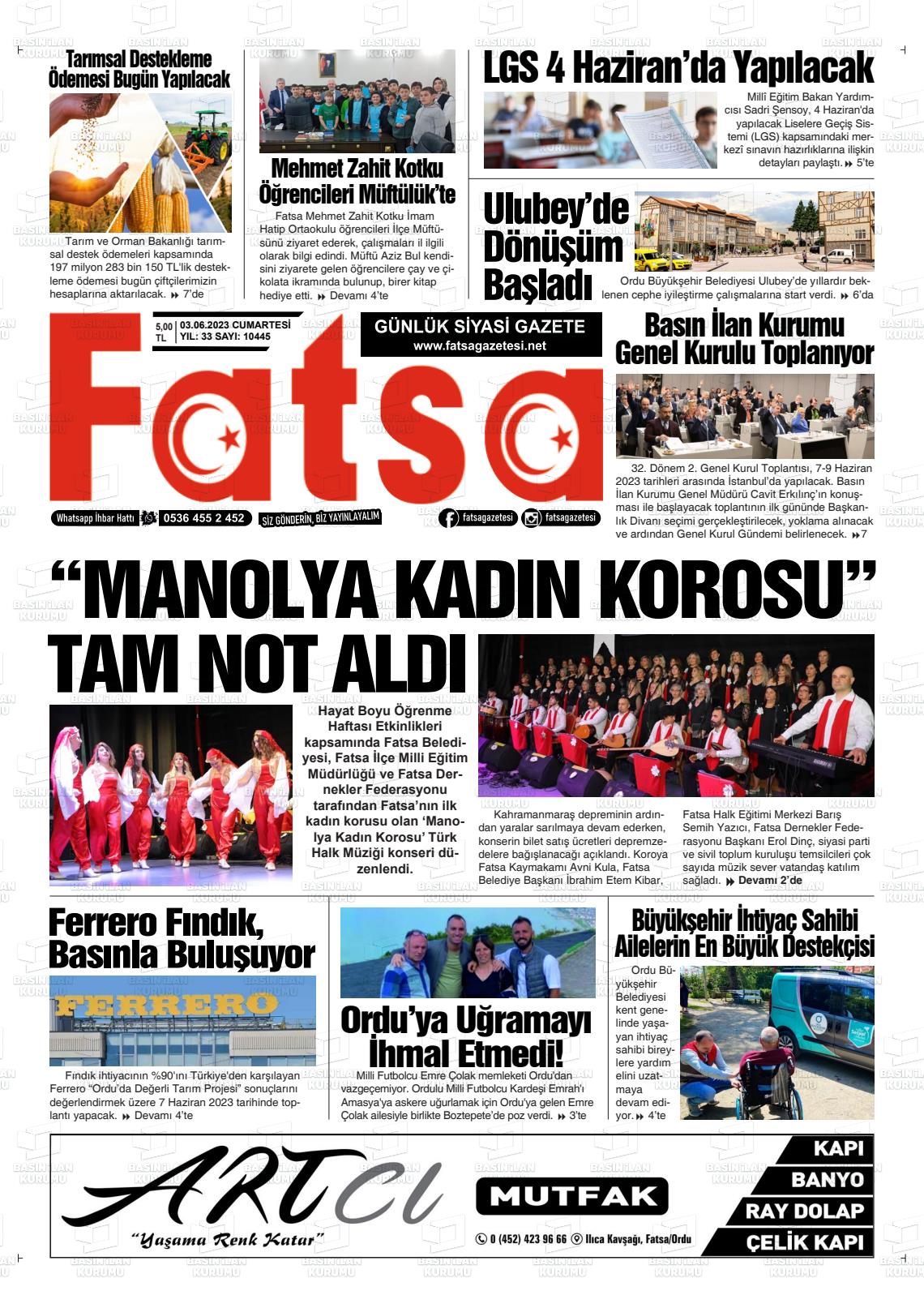 03 Haziran 2023 Fatsa Gazete Manşeti