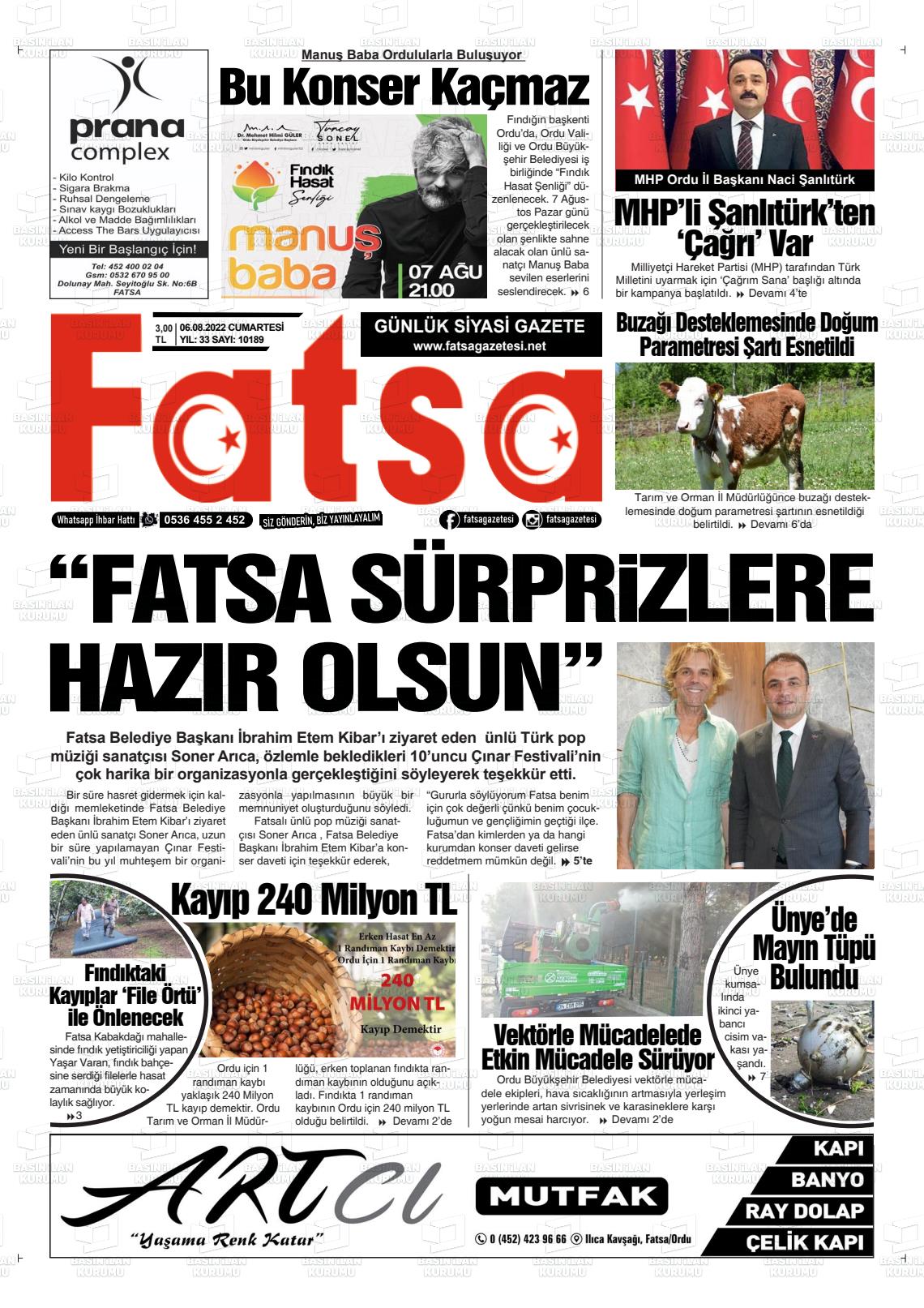 06 Ağustos 2022 Fatsa Gazete Manşeti