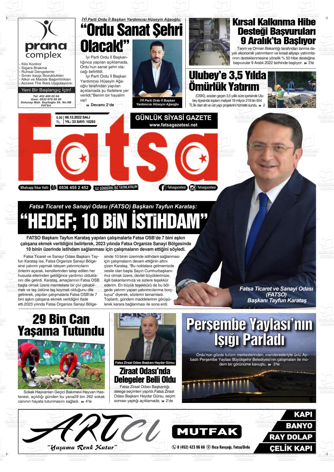 06 Aralık 2022 Fatsa Gazete Manşeti