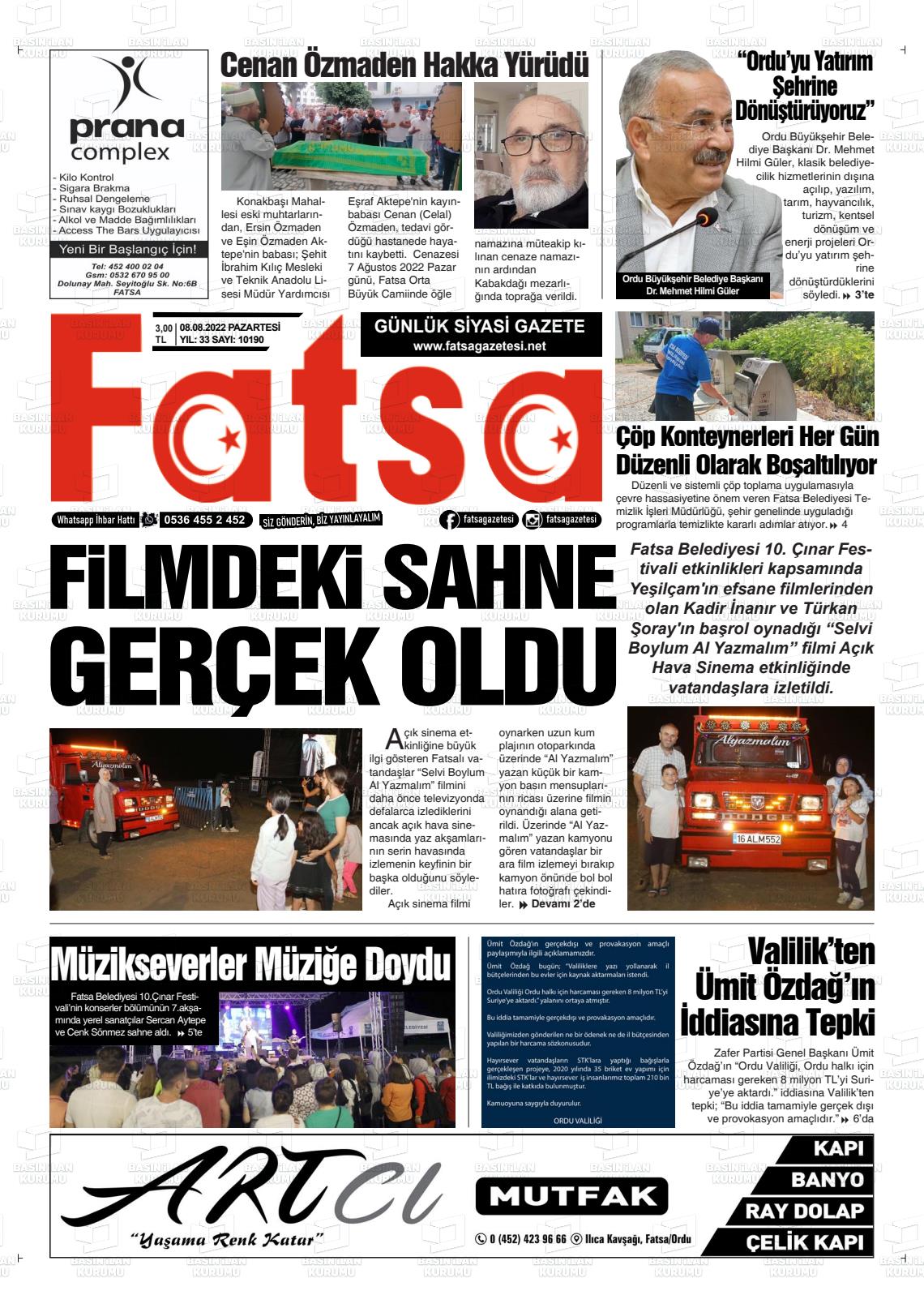 08 Ağustos 2022 Fatsa Gazete Manşeti