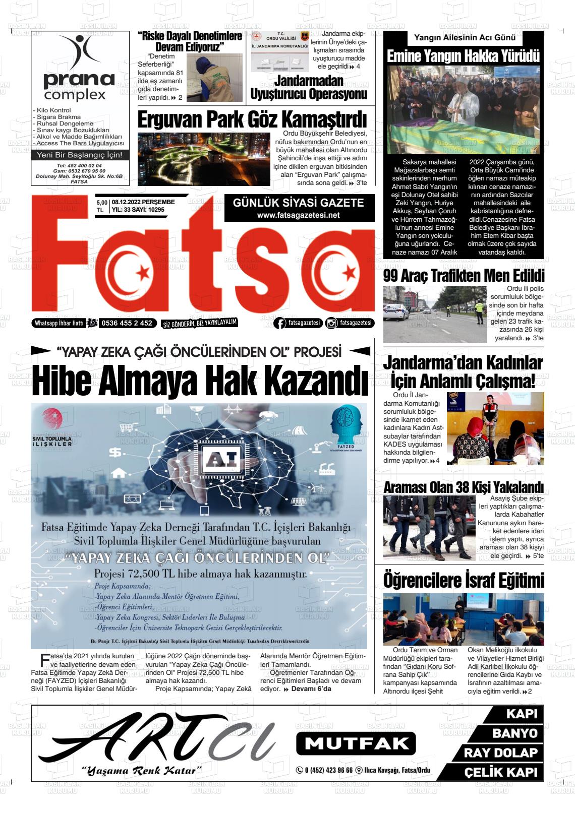 08 Aralık 2022 Fatsa Gazete Manşeti