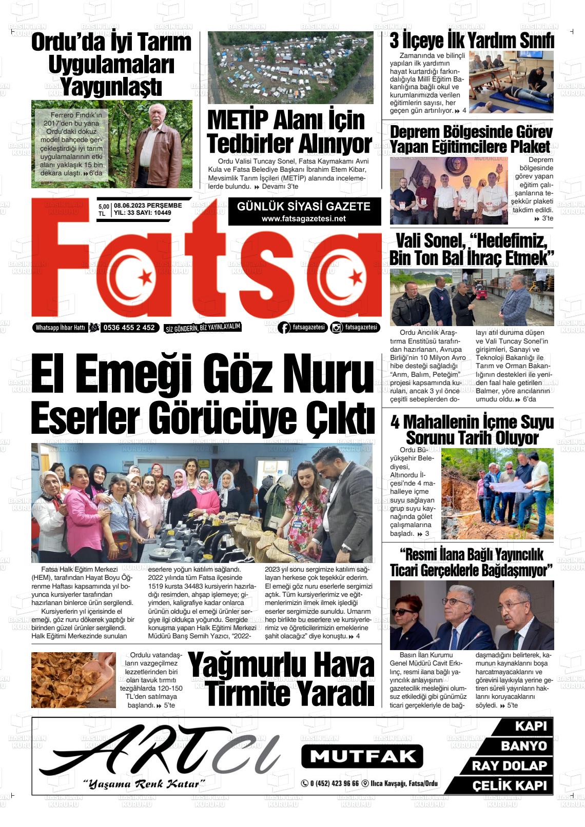 08 Haziran 2023 Fatsa Gazete Manşeti