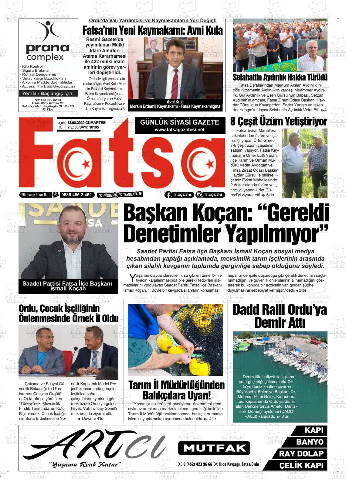 13 Ağustos 2022 Fatsa Gazete Manşeti