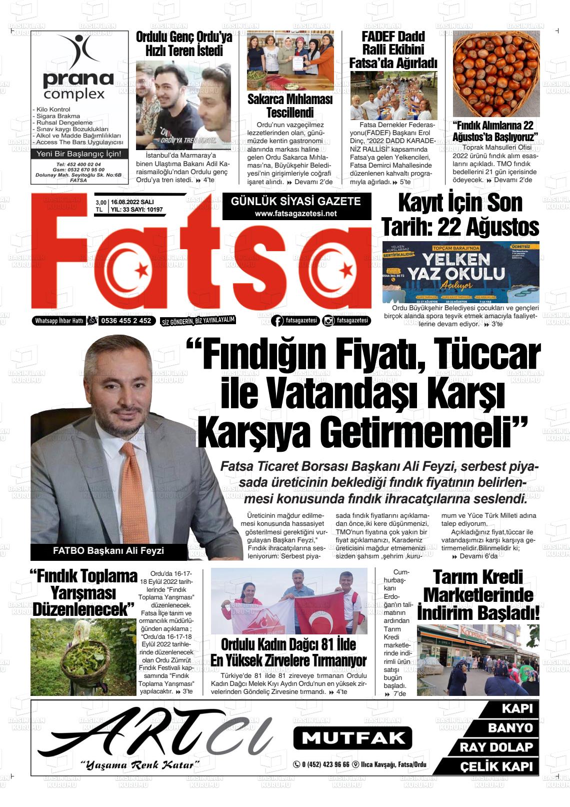 16 Ağustos 2022 Fatsa Gazete Manşeti