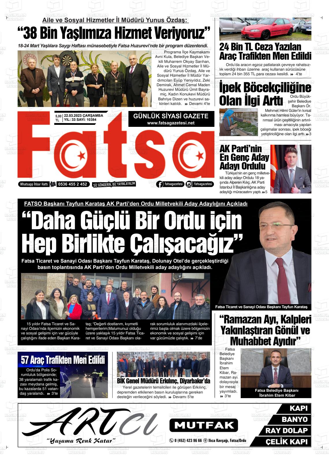 22 Mart 2023 Fatsa Gazete Manşeti