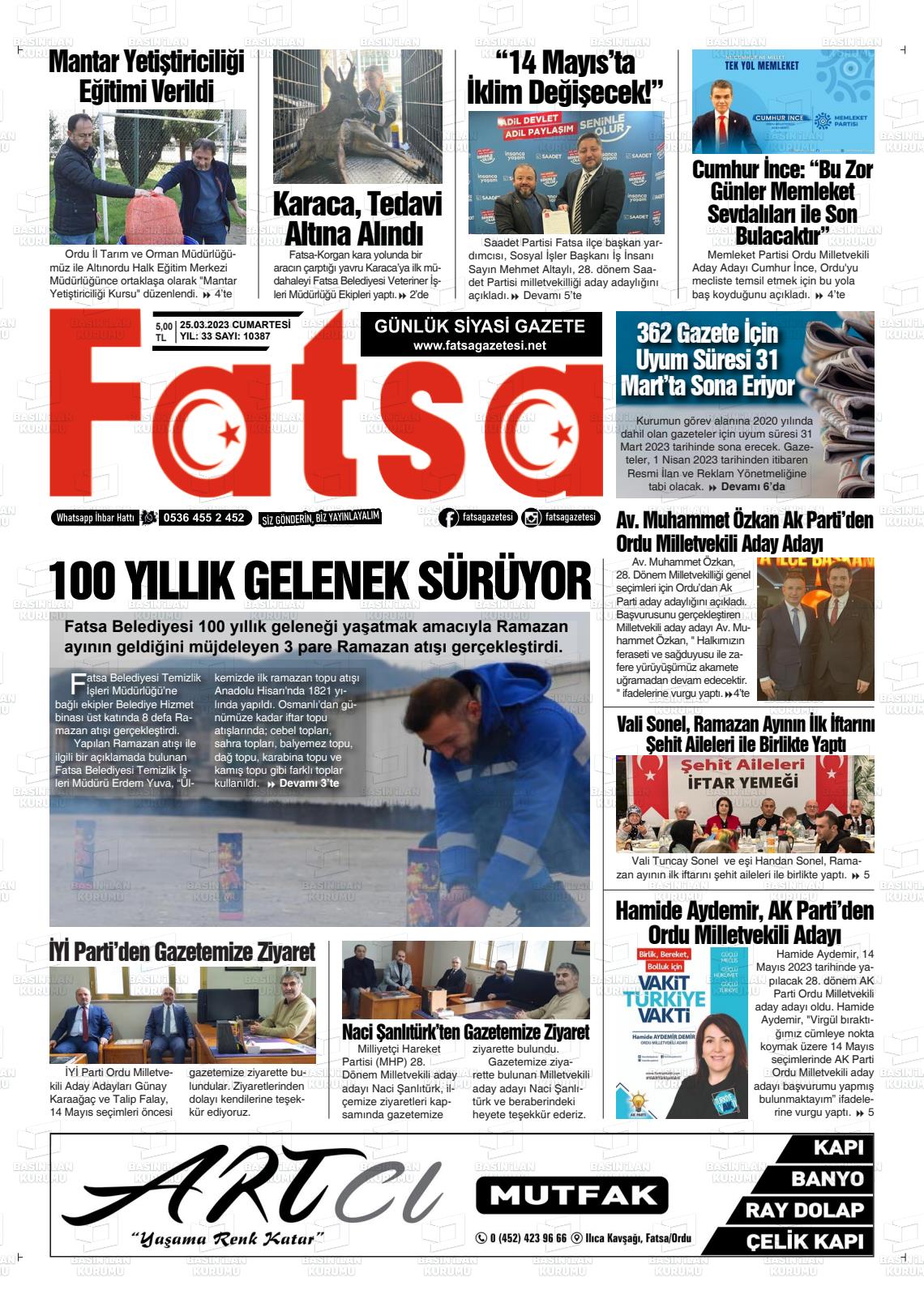 25 Mart 2023 Fatsa Gazete Manşeti