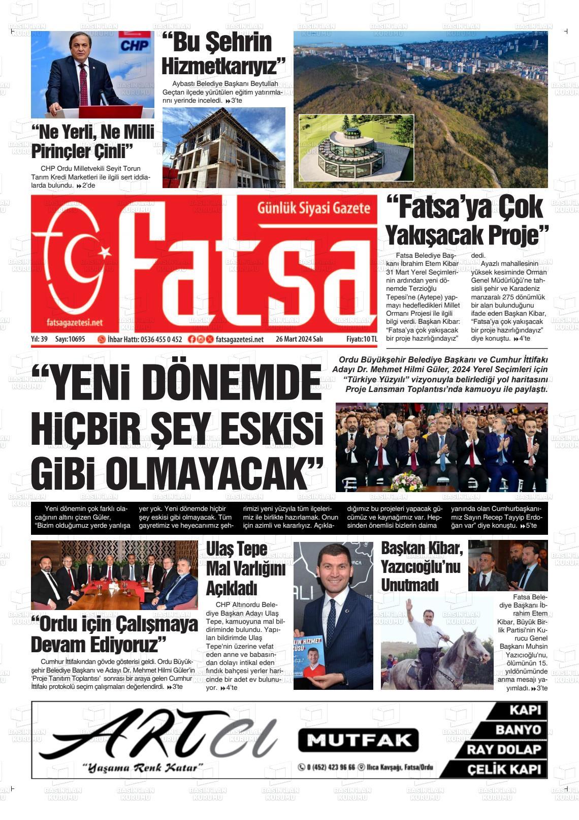26 Mart 2024 Fatsa Gazete Manşeti