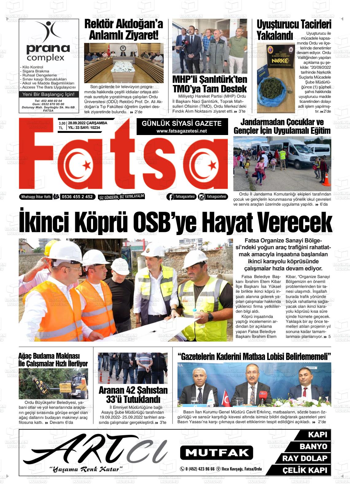 28 Eylül 2022 Fatsa Gazete Manşeti