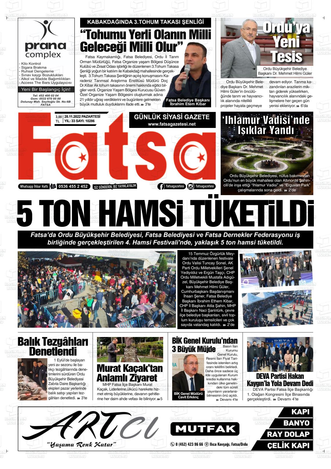 28 Kasım 2022 Fatsa Gazete Manşeti