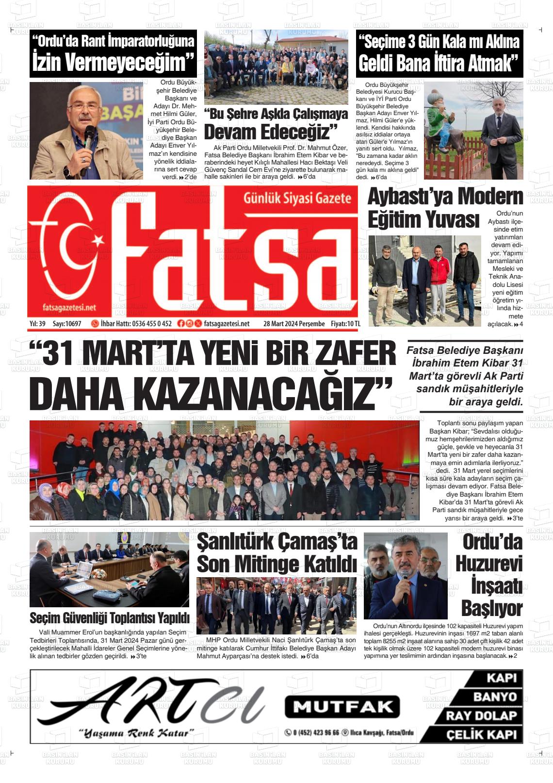 28 Mart 2024 Fatsa Gazete Manşeti