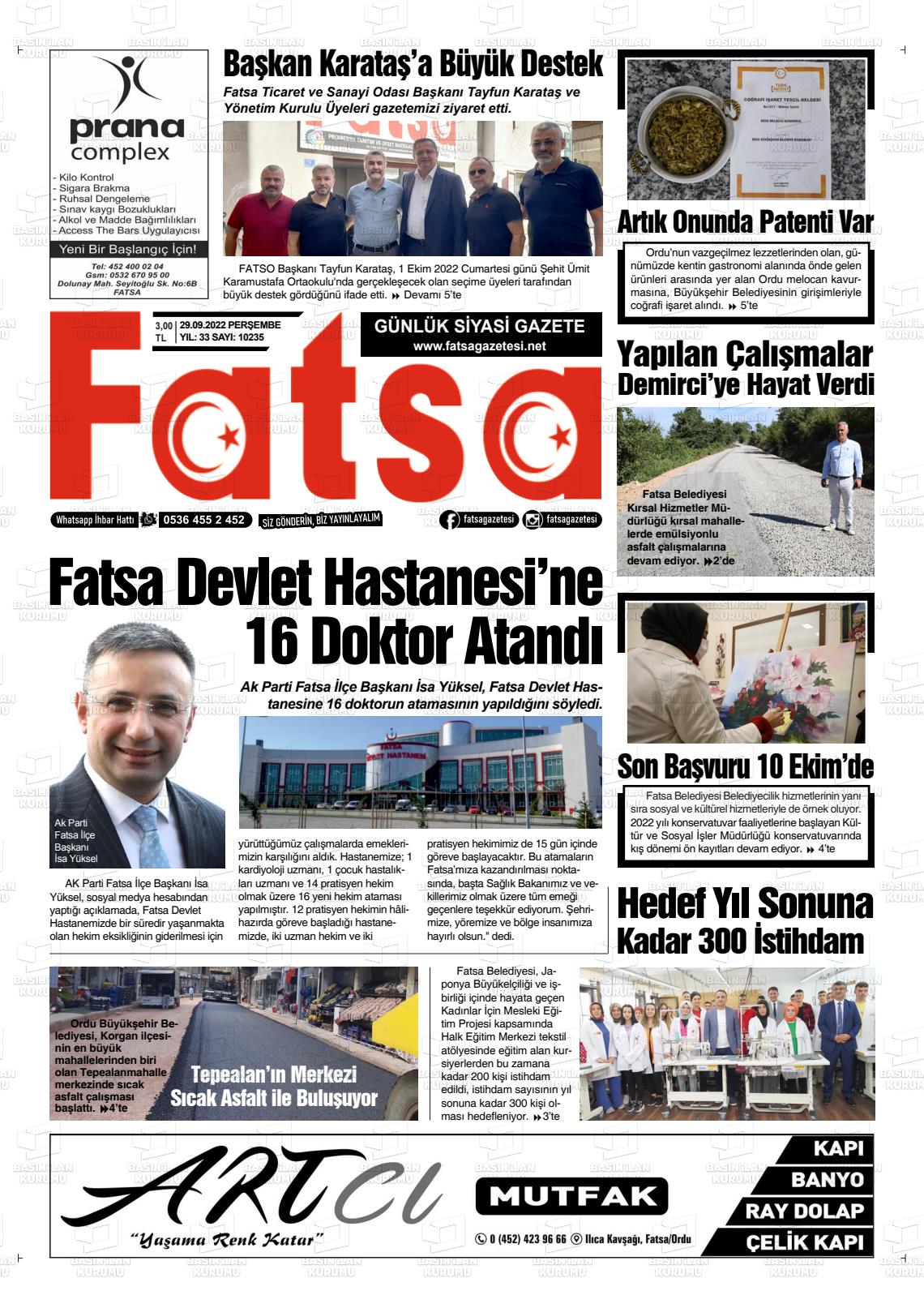 29 Eylül 2022 Fatsa Gazete Manşeti