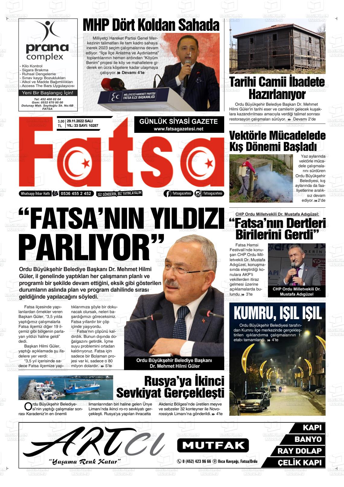 29 Kasım 2022 Fatsa Gazete Manşeti