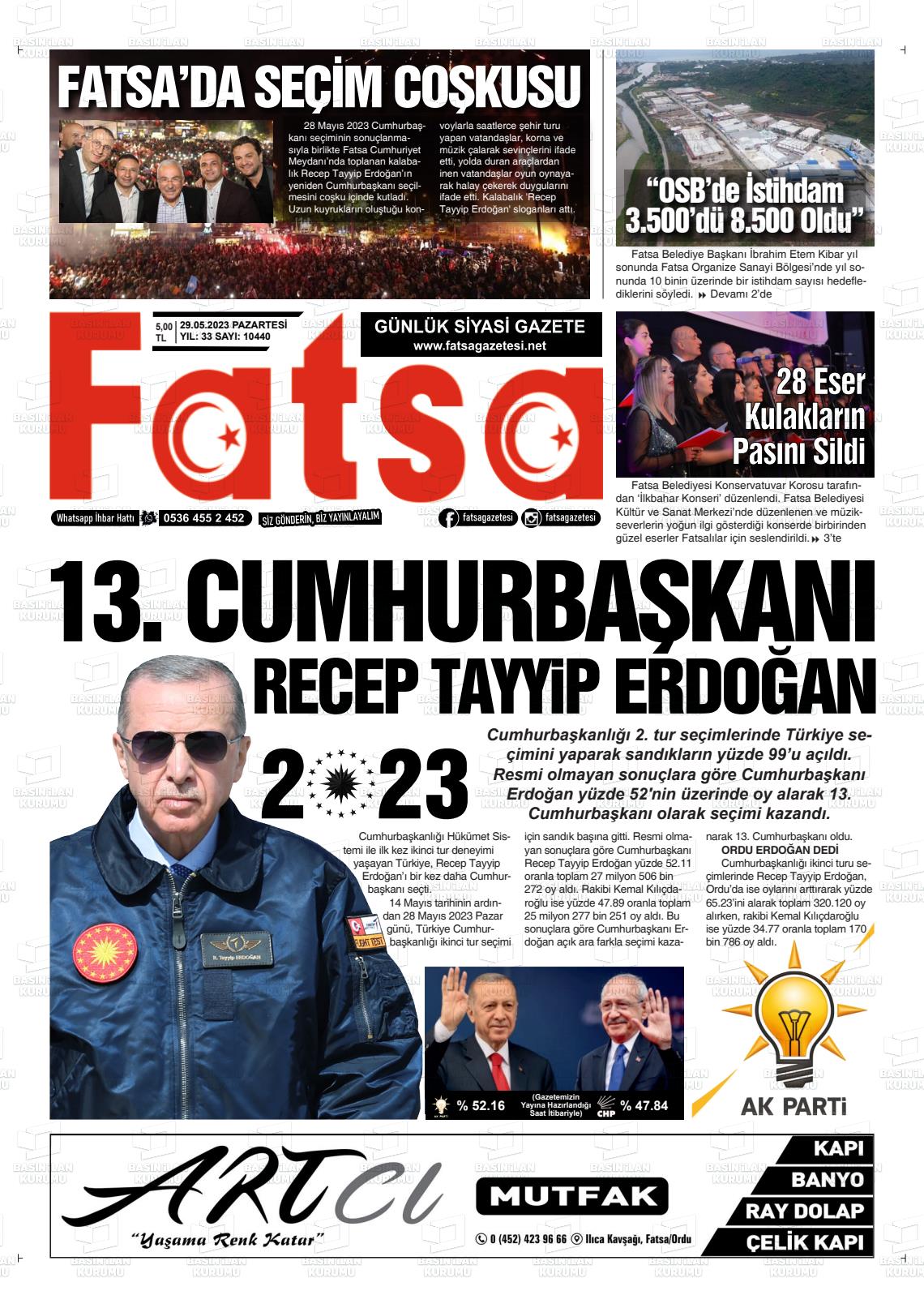 29 Mayıs 2023 Fatsa Gazete Manşeti