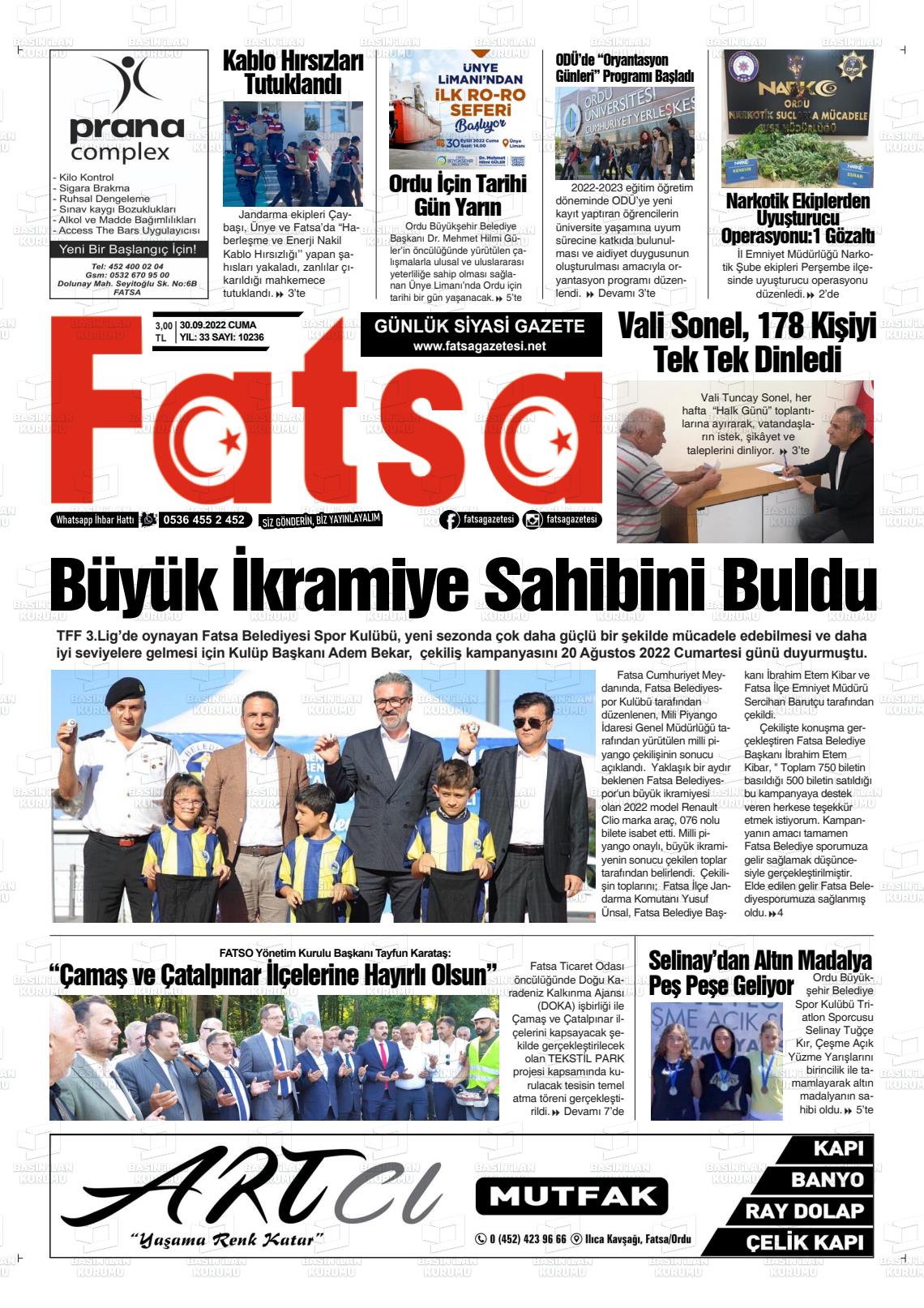 30 Eylül 2022 Fatsa Gazete Manşeti