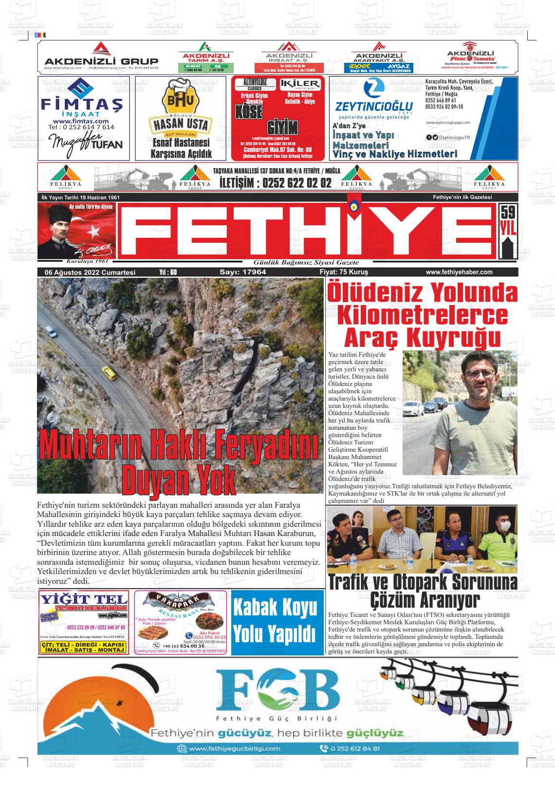 06 Ağustos 2022 Fethiye Gazete Manşeti