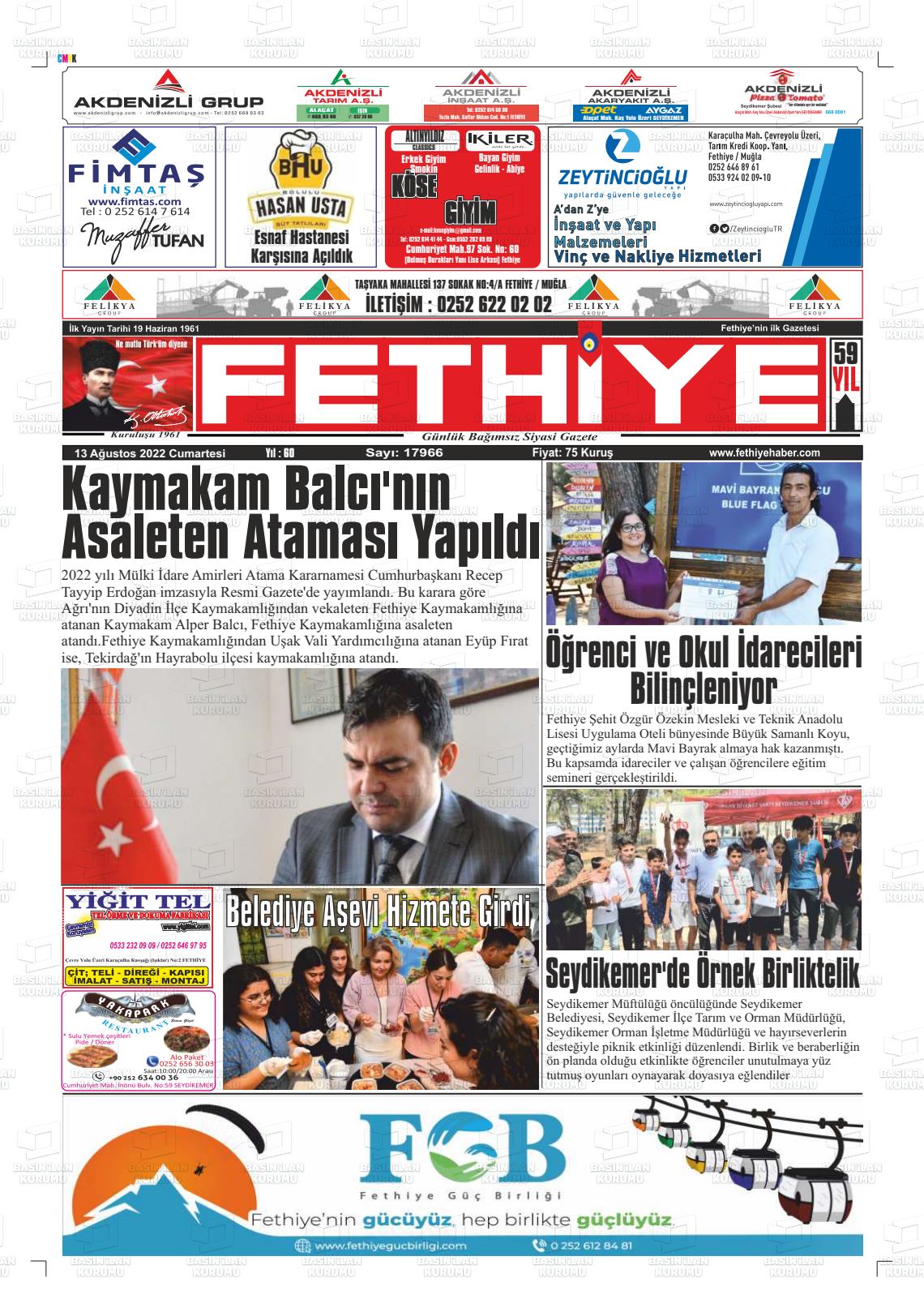 13 Ağustos 2022 Fethiye Gazete Manşeti