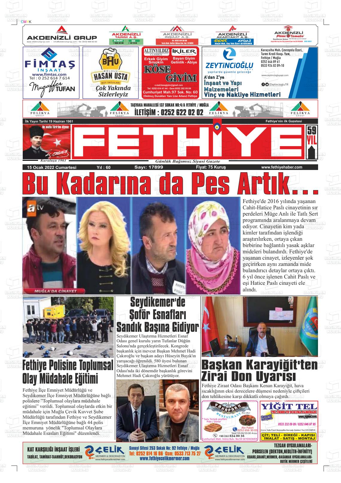 15 Ocak 2022 Fethiye Gazete Manşeti
