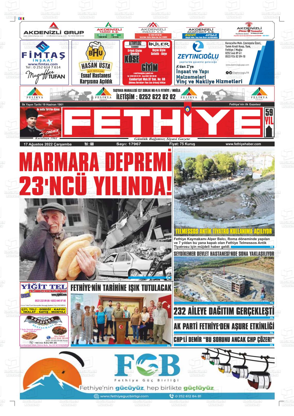 17 Ağustos 2022 Fethiye Gazete Manşeti