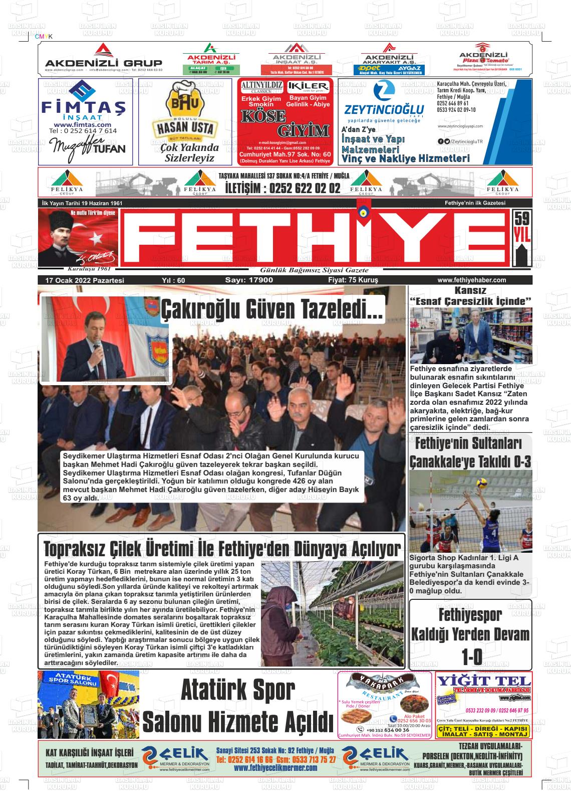 17 Ocak 2022 Fethiye Gazete Manşeti
