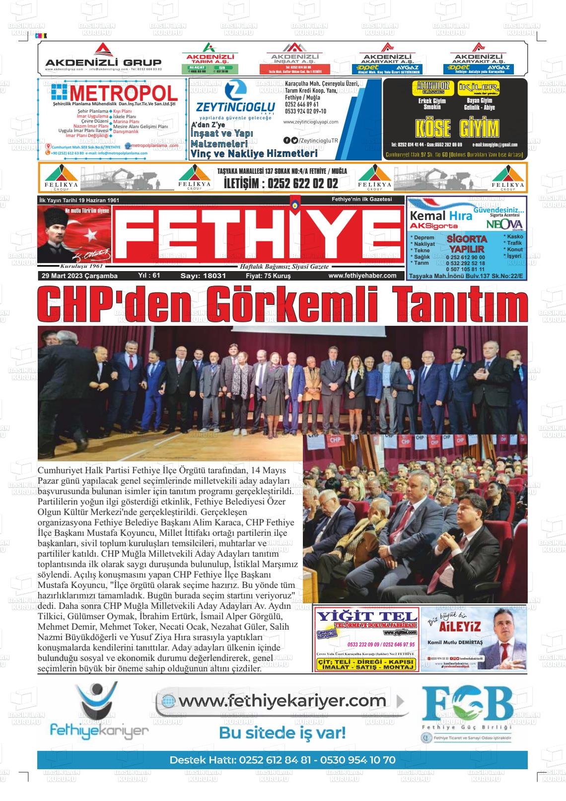 29 Mart 2023 Fethiye Gazete Manşeti