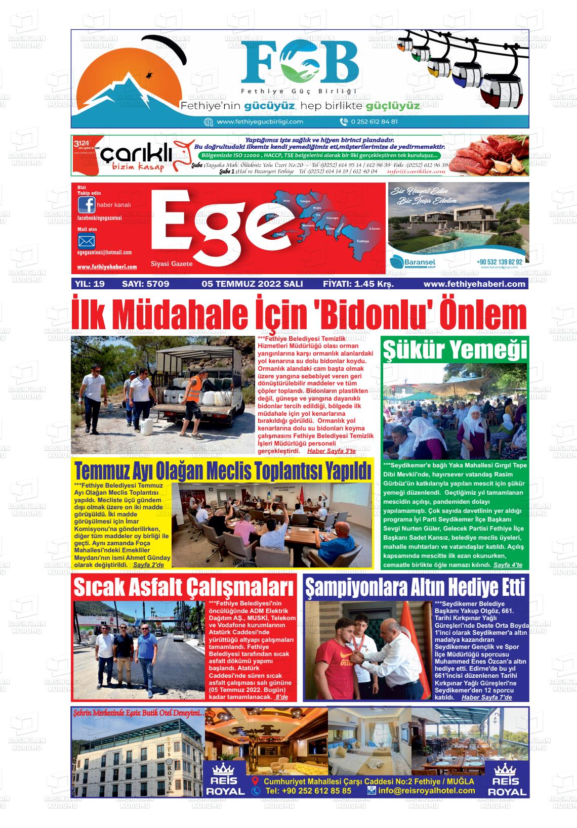 05 Temmuz 2022 Ege Fethiye Gazete Manşeti